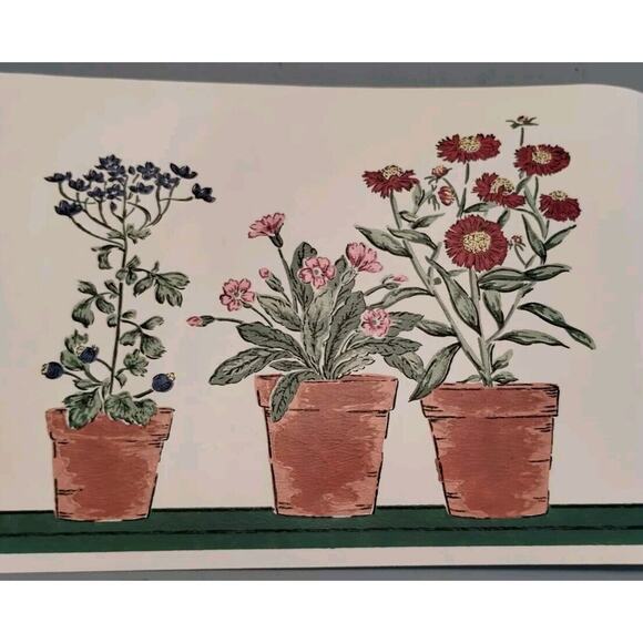 7" YORK Wall Border - Flower Pots - Cream Green Pink Blue Flower - 5 yds - Picture 1 of 6